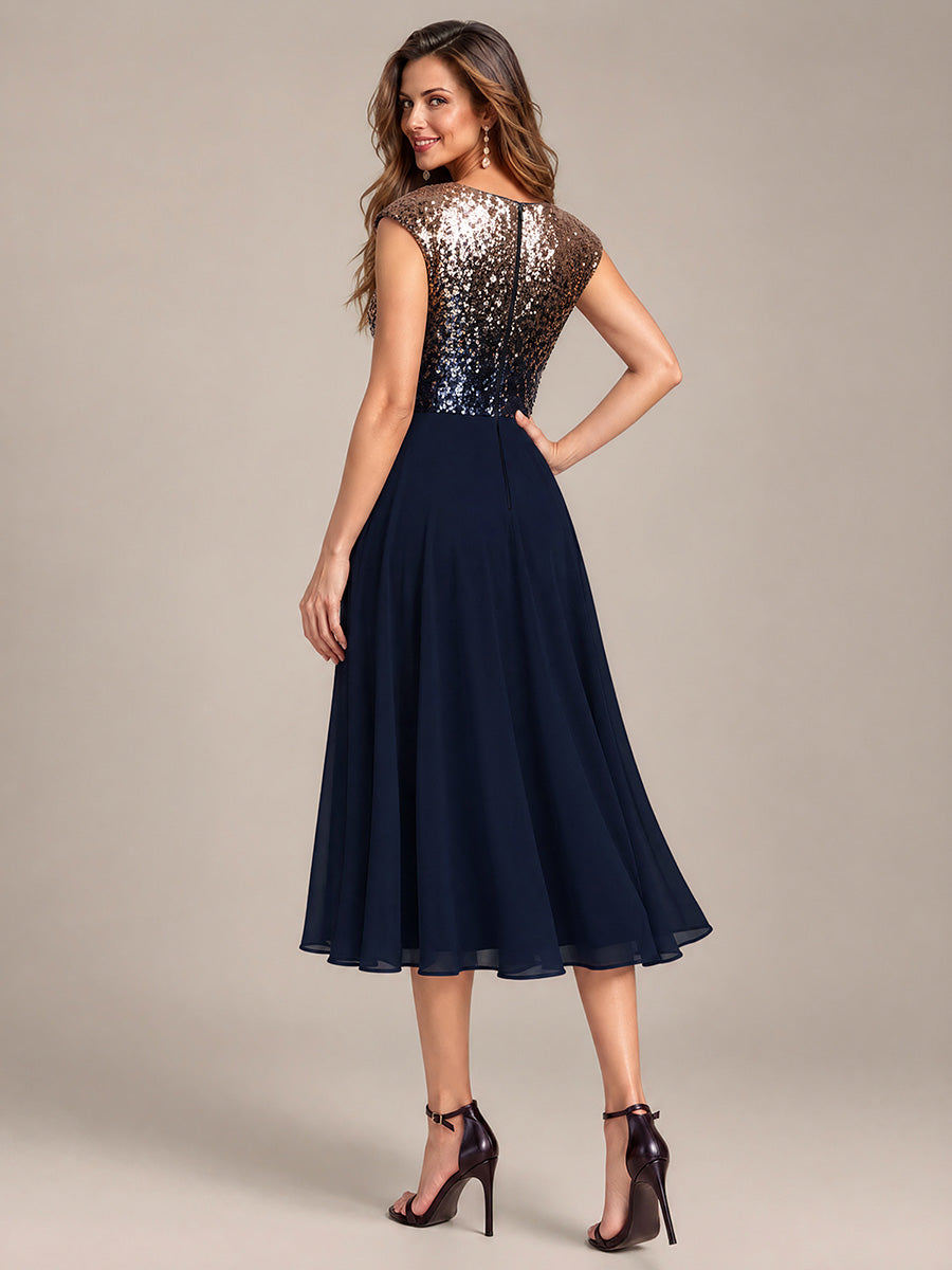 Color=Navy Champagne|Sequins Round Neckline Cap Sleeve Wedding Guest Dresses-Navy Champagne 2