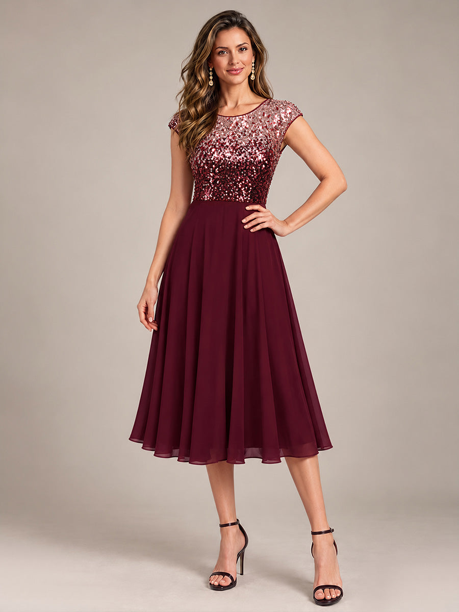 Color=Burgundy Pink|Sequins Round Neckline Cap Sleeve Wedding Guest Dresses-Burgundy Pink 4