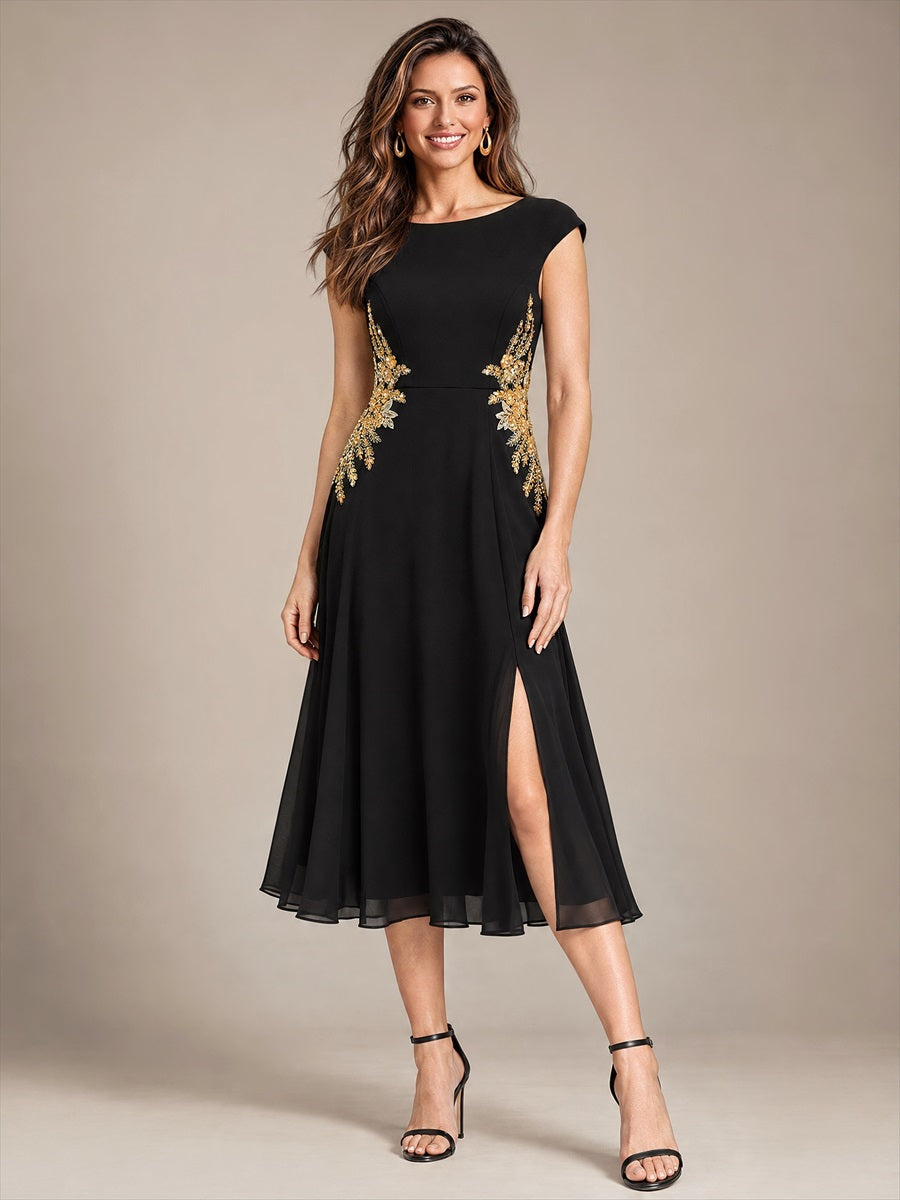 Color=Black|Bulk Order Chiffon Round Neck Wedding Guest Dresses-Black