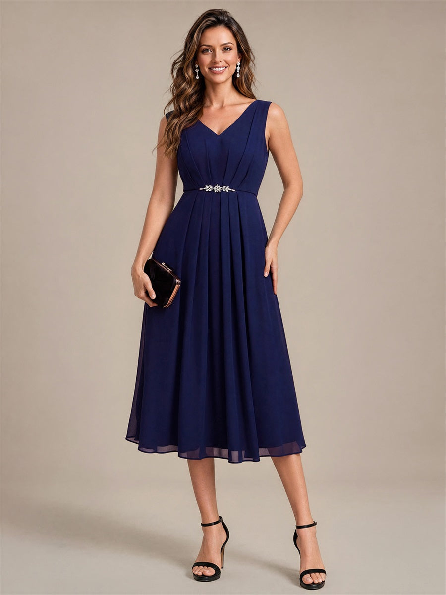 Color=Navy Blue | Sleeveless Chiffon V-Neck Wedding Guest Dress Wholesale-Navy Blue 1