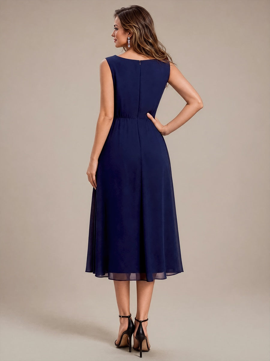 Color=Navy Blue | Sleeveless Chiffon V-Neck Wedding Guest Dress Wholesale-Navy Blue 2