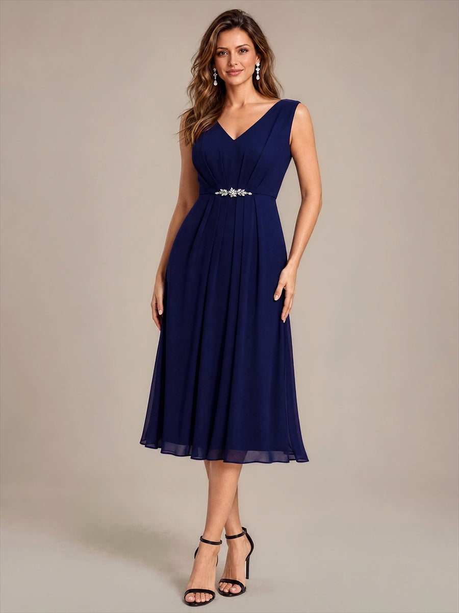 Color=Navy Blue | Sleeveless Chiffon V-Neck Wedding Guest Dress Wholesale-Navy Blue 3