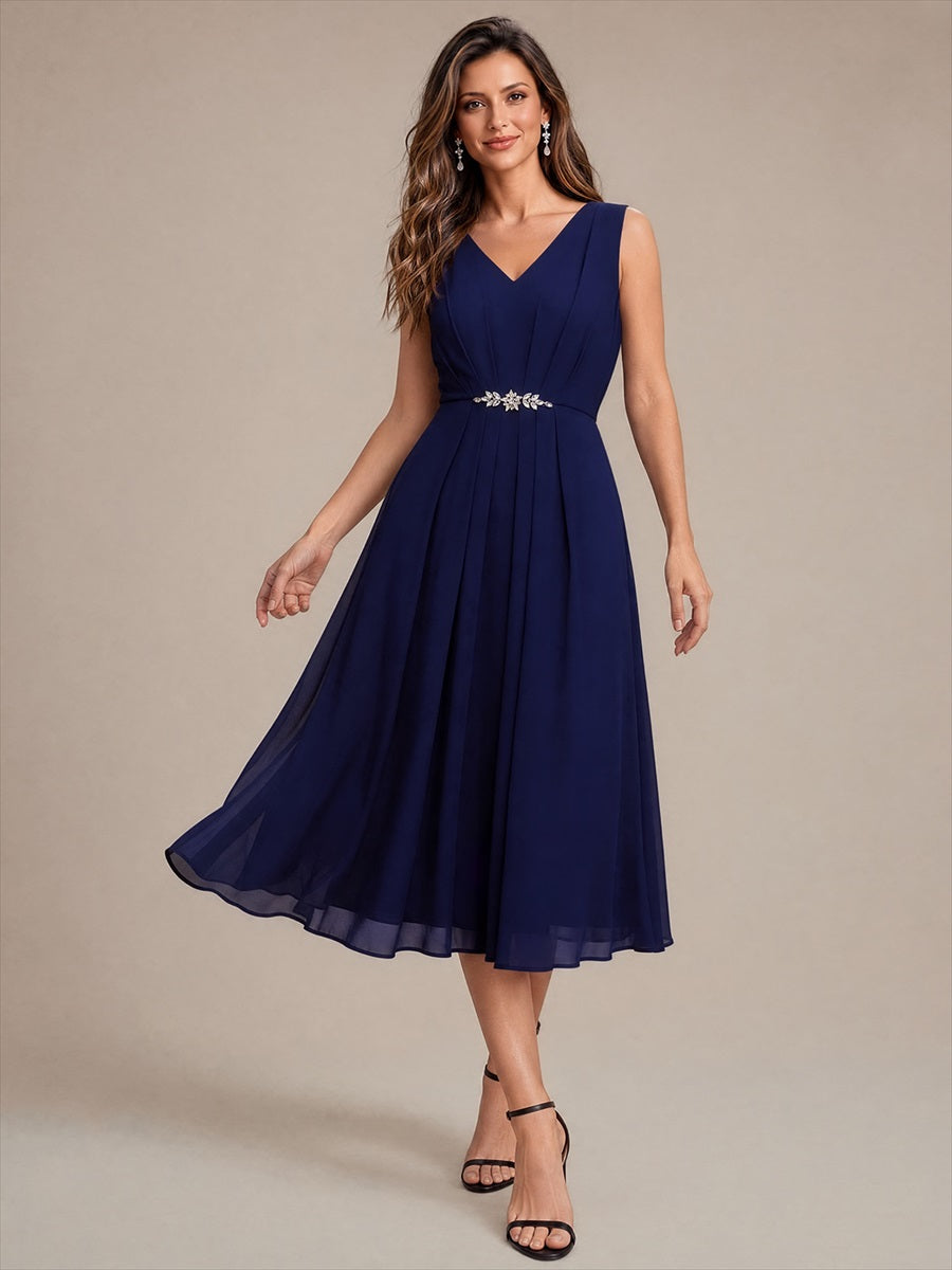 Color=Navy Blue | Sleeveless Chiffon V-Neck Wedding Guest Dress Wholesale-Navy Blue 4