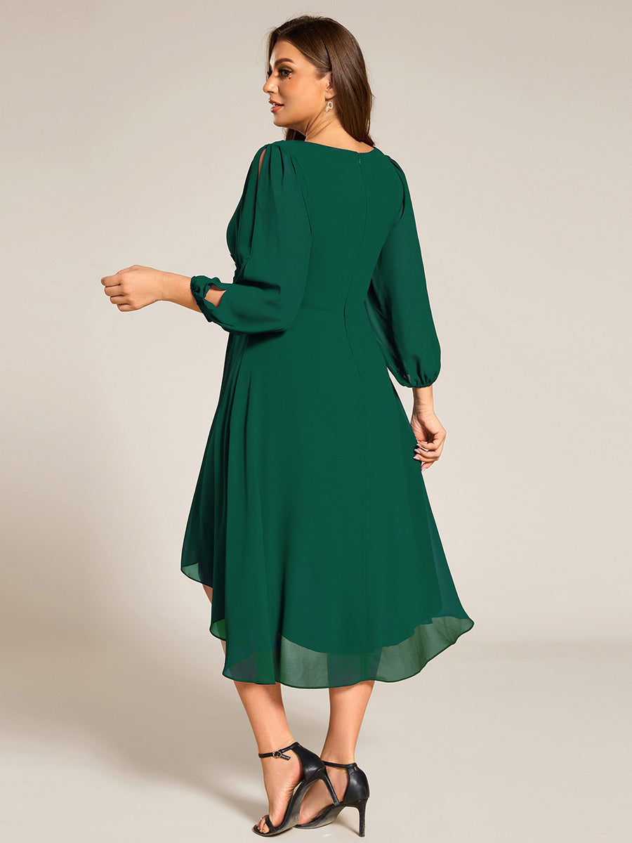 Plus Size Elegant Lantern Sleeve Applique Empire Waist Midi-Length Chiffon Evening Dresses with Asymmetrical Hem
