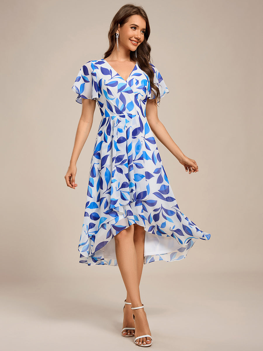 Color=Blue Verdure on White | Short Sleeve Ruffled V-Neck Pleated Asymmetrical Midi Wedding Guest Dresses-Blue Verdure on White 6