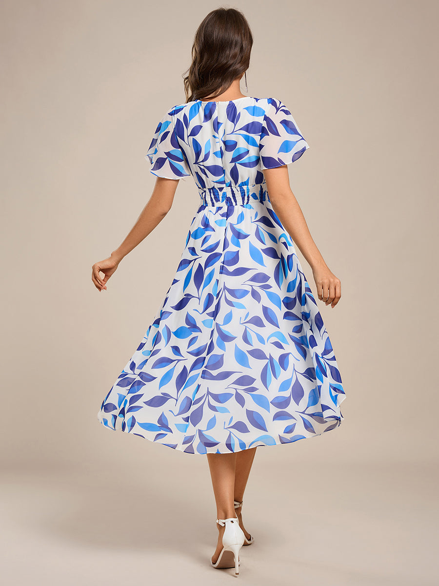 Color=Blue Verdure on White | Short Sleeve Ruffled V-Neck Pleated Asymmetrical Midi Wedding Guest Dresses-Blue Verdure on White 7