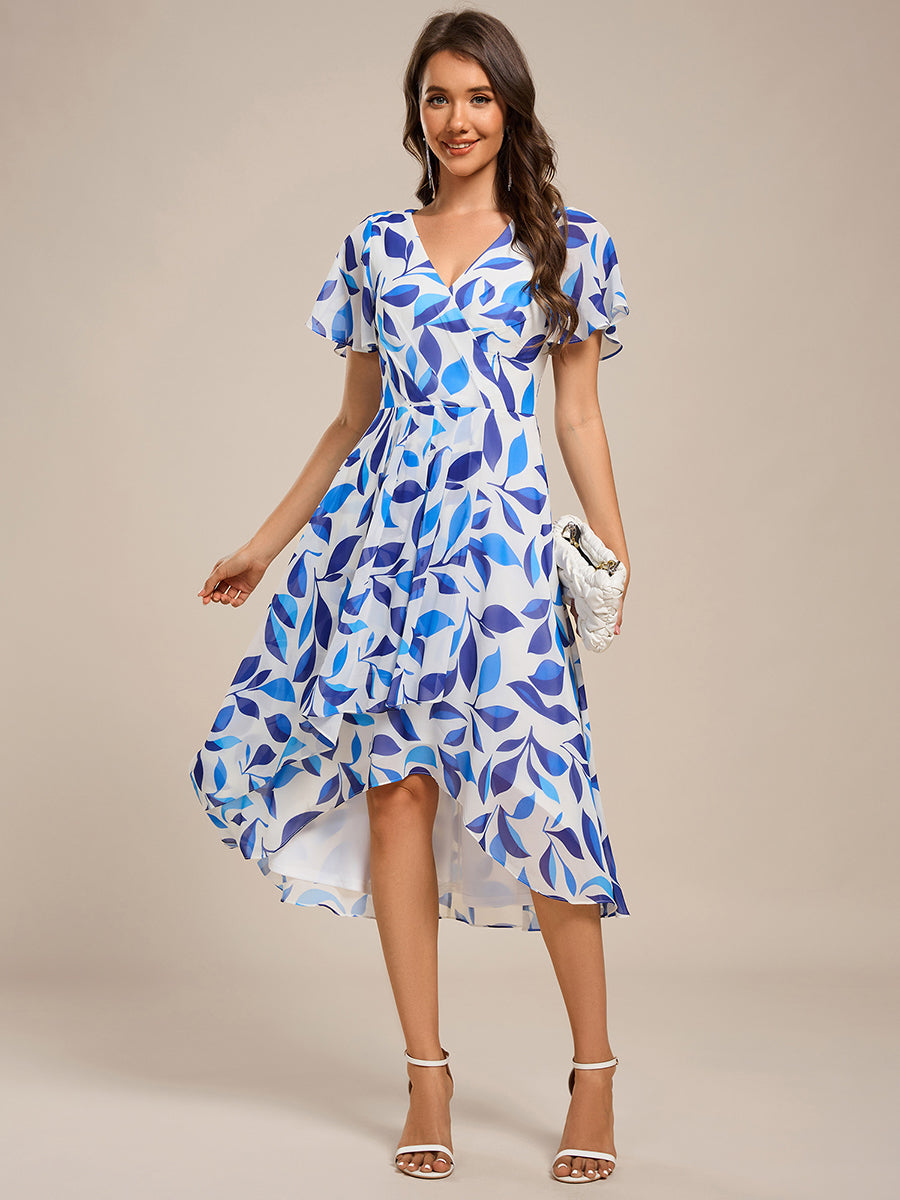 Color=Blue Verdure on White | Short Sleeve Ruffled V-Neck Pleated Asymmetrical Midi Wedding Guest Dresses-Blue Verdure on White 10