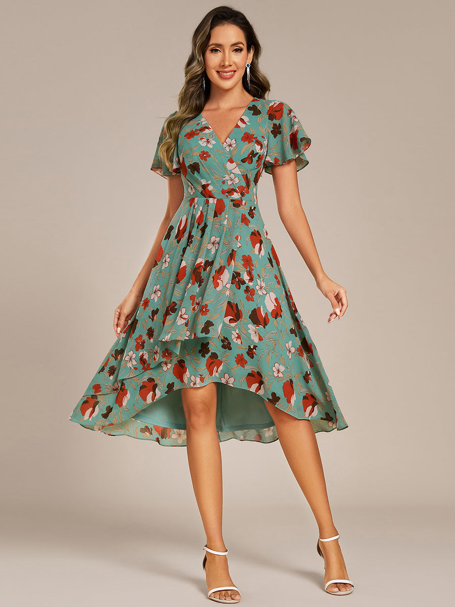 Color=Green floral print | Short Sleeve Ruffled V-Neck Pleated Asymmetrical Midi Wedding Guest Dresses-Green floral print 1