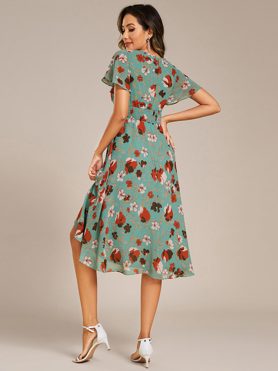 Color=Green floral print | Short Sleeve Ruffled V-Neck Pleated Asymmetrical Midi Wedding Guest Dresses-Green floral print 2