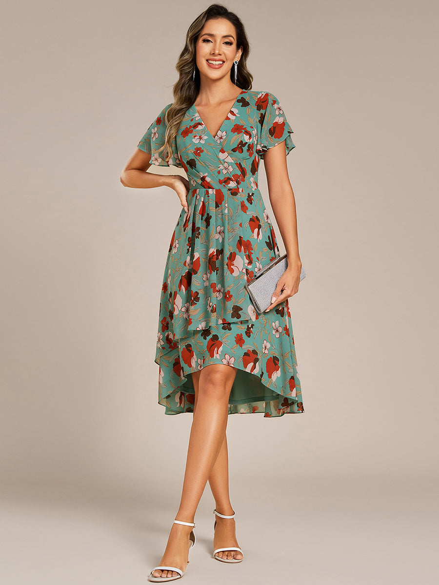 Color=Green floral print | Short Sleeve Ruffled V-Neck Pleated Asymmetrical Midi Wedding Guest Dresses-Green floral print 4