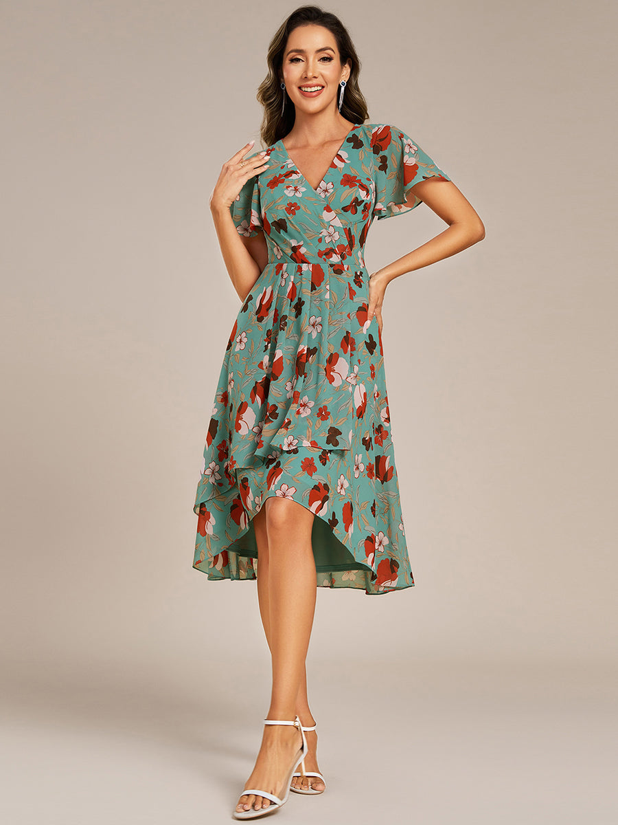 Color=Green floral print | Short Sleeve Ruffled V-Neck Pleated Asymmetrical Midi Wedding Guest Dresses-Green floral print 5