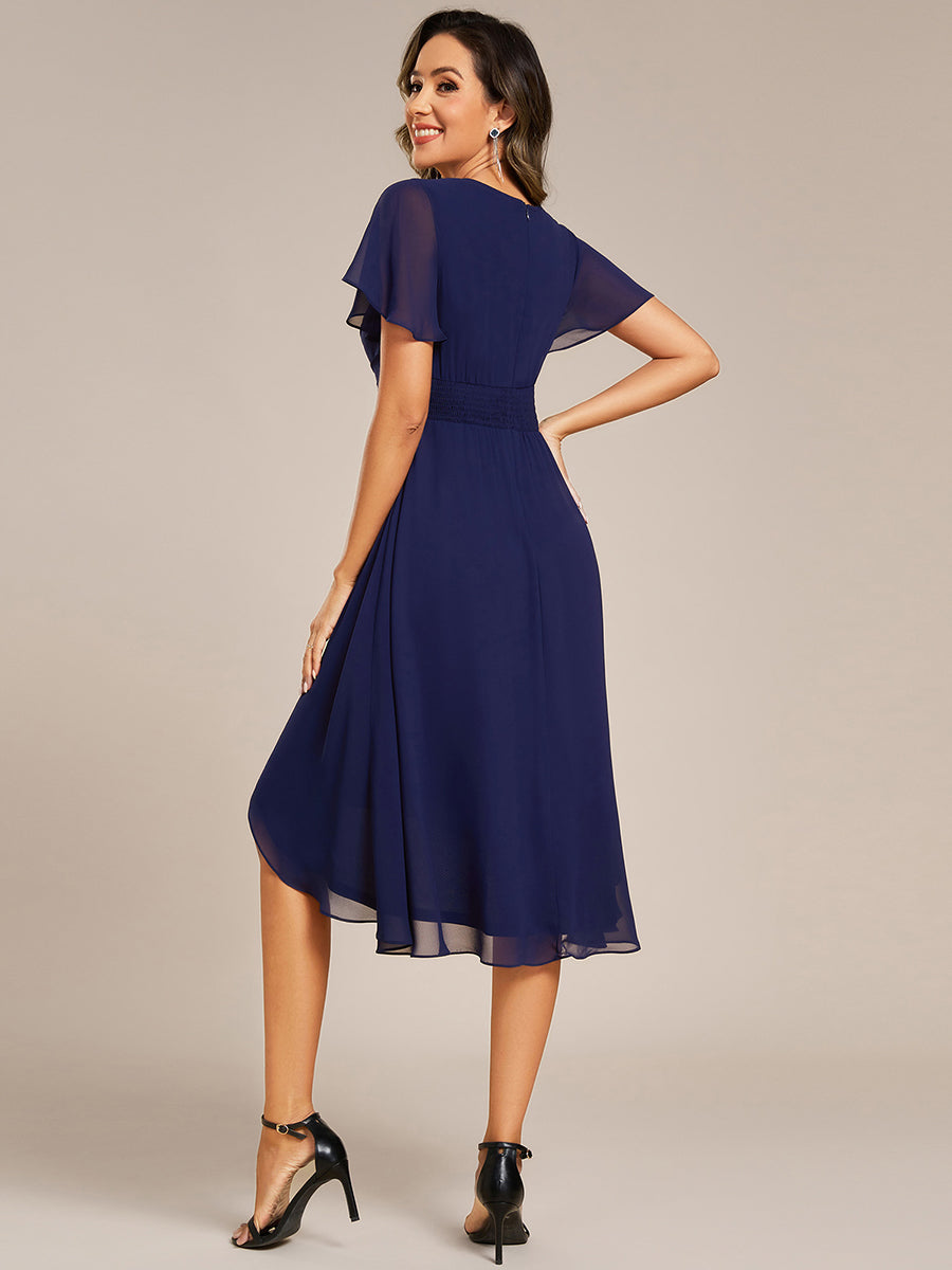 Color=Navy Blue | Short Sleeve Ruffled V-Neck Pleated Asymmetrical Midi Wedding Guest Dresses-Navy Blue 12