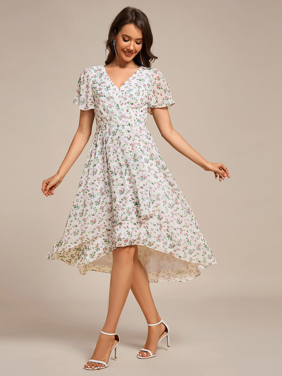 Color=White Green | Short Sleeve Ruffled V-Neck Pleated Asymmetrical Midi Wedding Guest Dresses-White Green 16