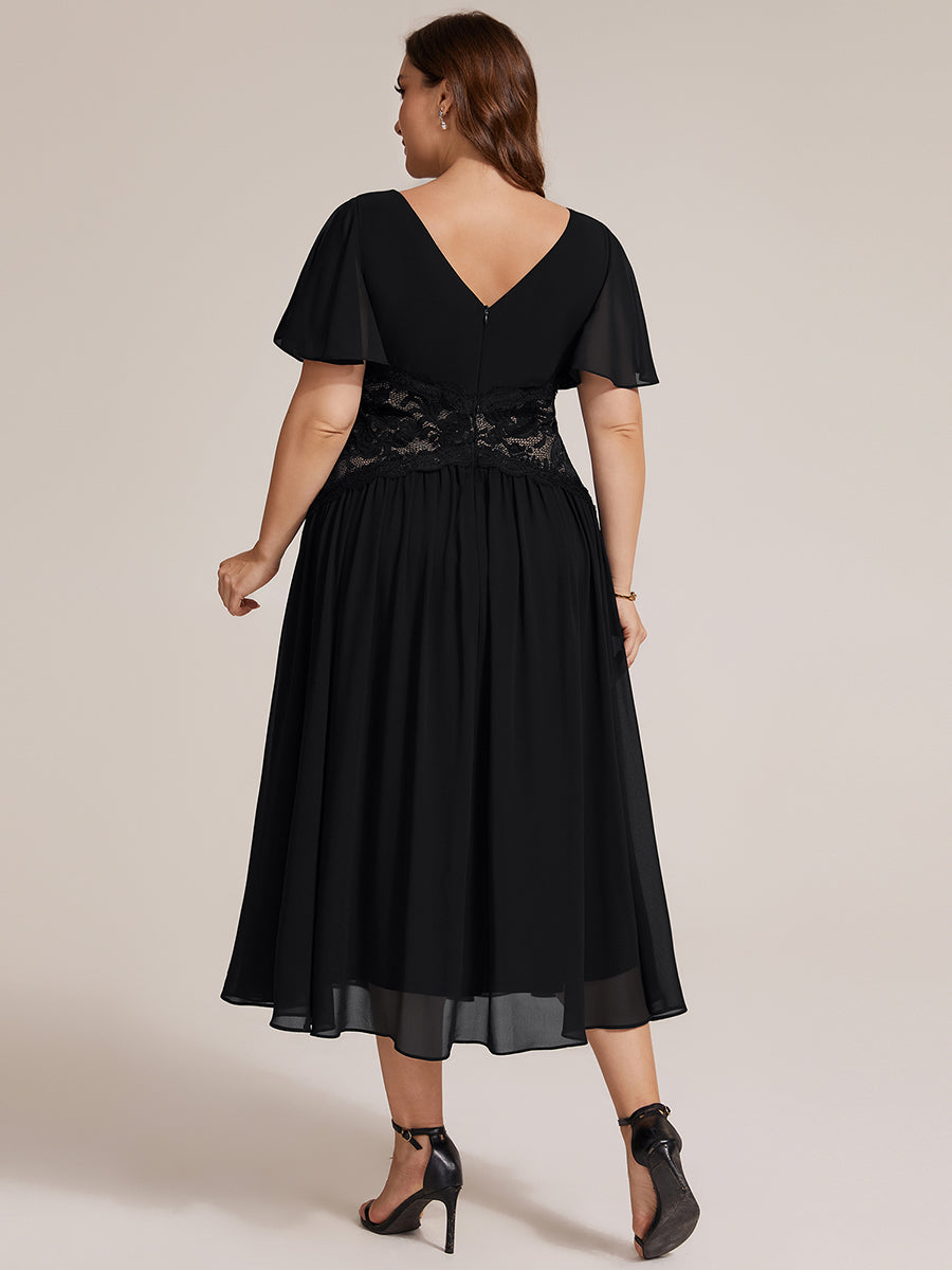 Color=Black | Volume Discounts Short Sleeve Ruffle Lace Trim V-Neck A-Line Midi Wedding Guest Dresses-Black 7
