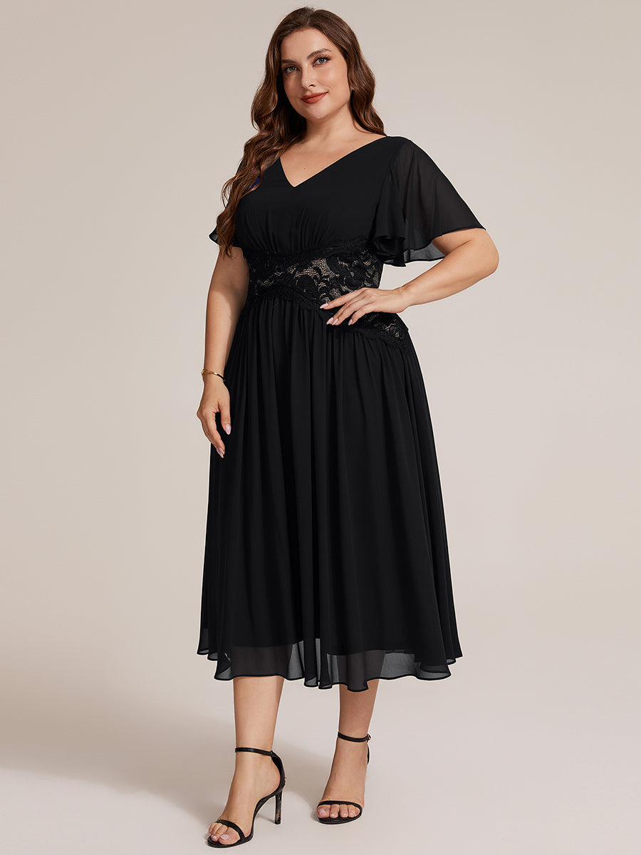 Color=Black | Volume Discounts Short Sleeve Ruffle Lace Trim V-Neck A-Line Midi Wedding Guest Dresses-Black 9