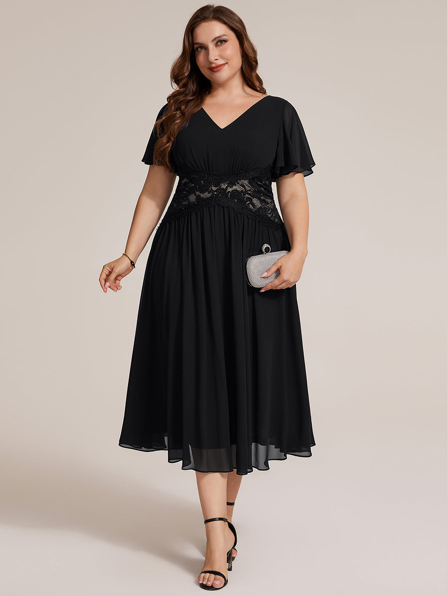Color=Black | Volume Discounts Short Sleeve Ruffle Lace Trim V-Neck A-Line Midi Wedding Guest Dresses-Black 10