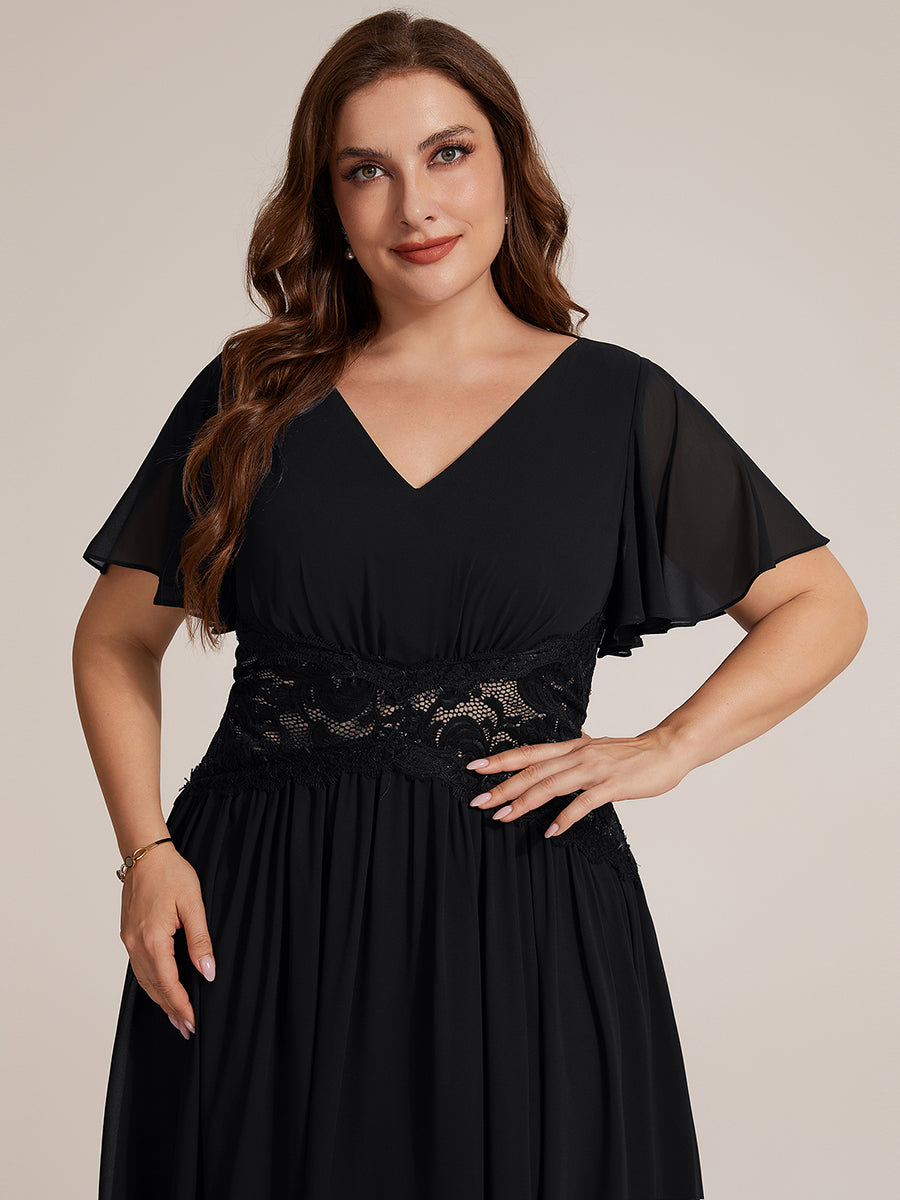 Color=Black | Volume Discounts Short Sleeve Ruffle Lace Trim V-Neck A-Line Midi Wedding Guest Dresses-Black 8