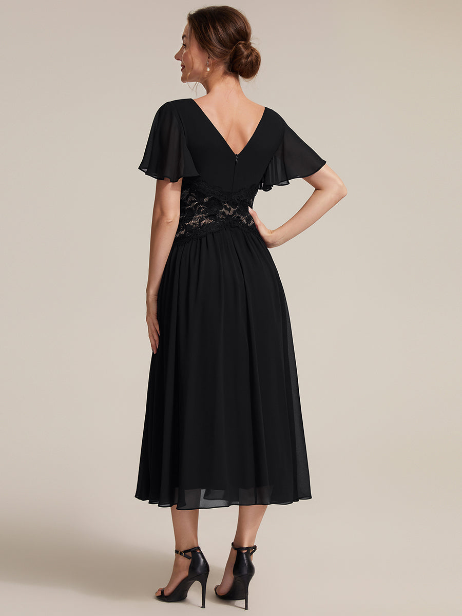 Color=Black | Volume Discounts Short Sleeve Ruffle Lace Trim V-Neck A-Line Midi Wedding Guest Dresses-Black 2