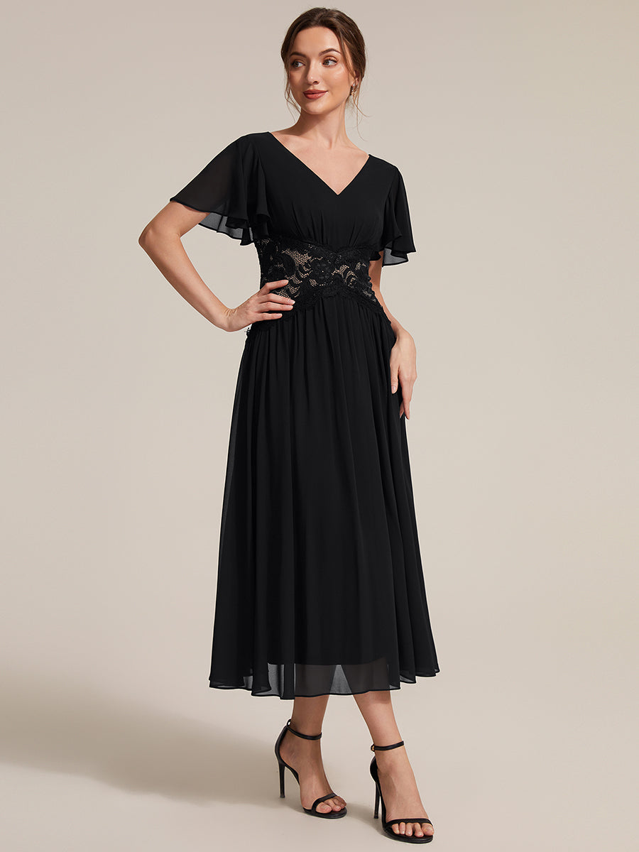 Color=Black | Volume Discounts Short Sleeve Ruffle Lace Trim V-Neck A-Line Midi Wedding Guest Dresses-Black 4