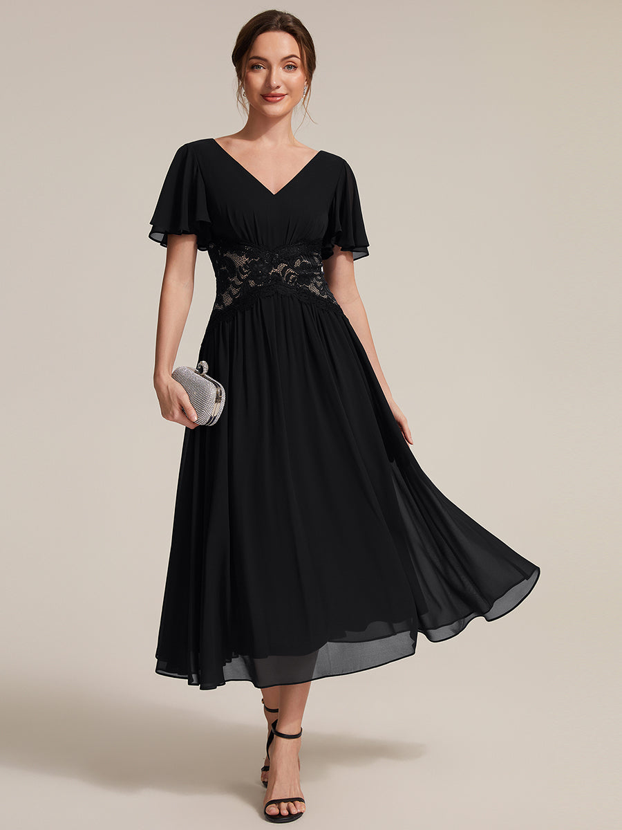 Color=Black | Volume Discounts Short Sleeve Ruffle Lace Trim V-Neck A-Line Midi Wedding Guest Dresses-Black 5