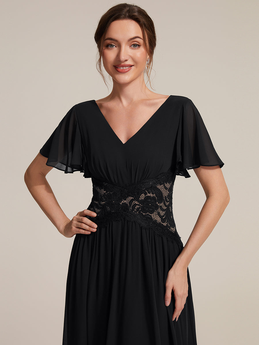 Color=Black | Volume Discounts Short Sleeve Ruffle Lace Trim V-Neck A-Line Midi Wedding Guest Dresses-Black 3