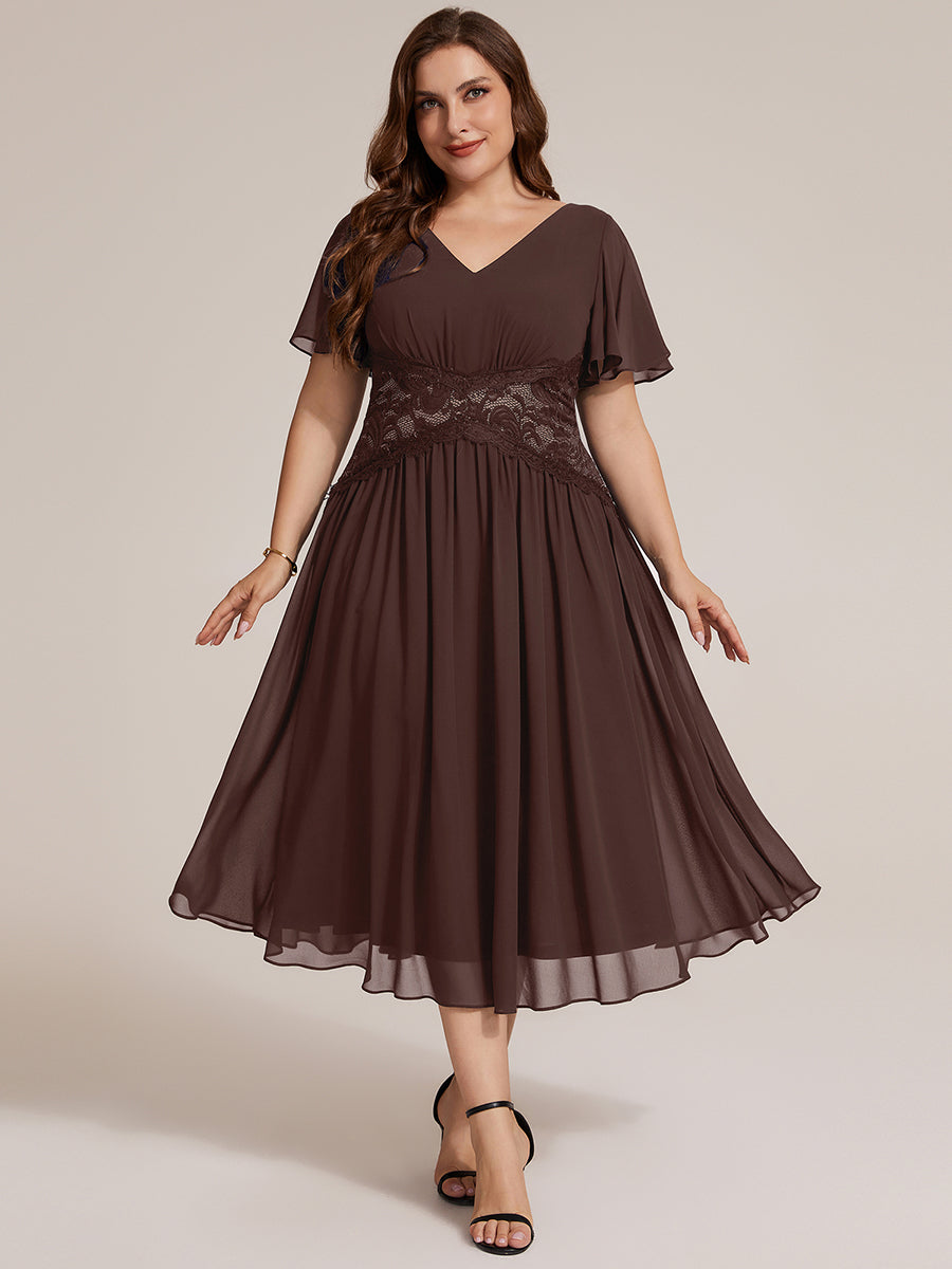 Color=Chocolate Brown | Volume Discounts Short Sleeve Ruffle Lace Trim V-Neck A-Line Midi Wedding Guest Dresses-Chocolate Brown 16