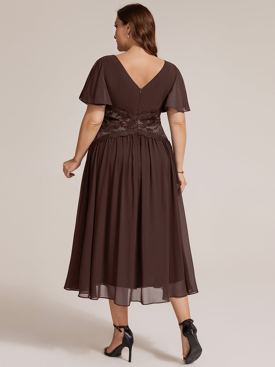 Color=Chocolate Brown | Volume Discounts Short Sleeve Ruffle Lace Trim V-Neck A-Line Midi Wedding Guest Dresses-Chocolate Brown 17