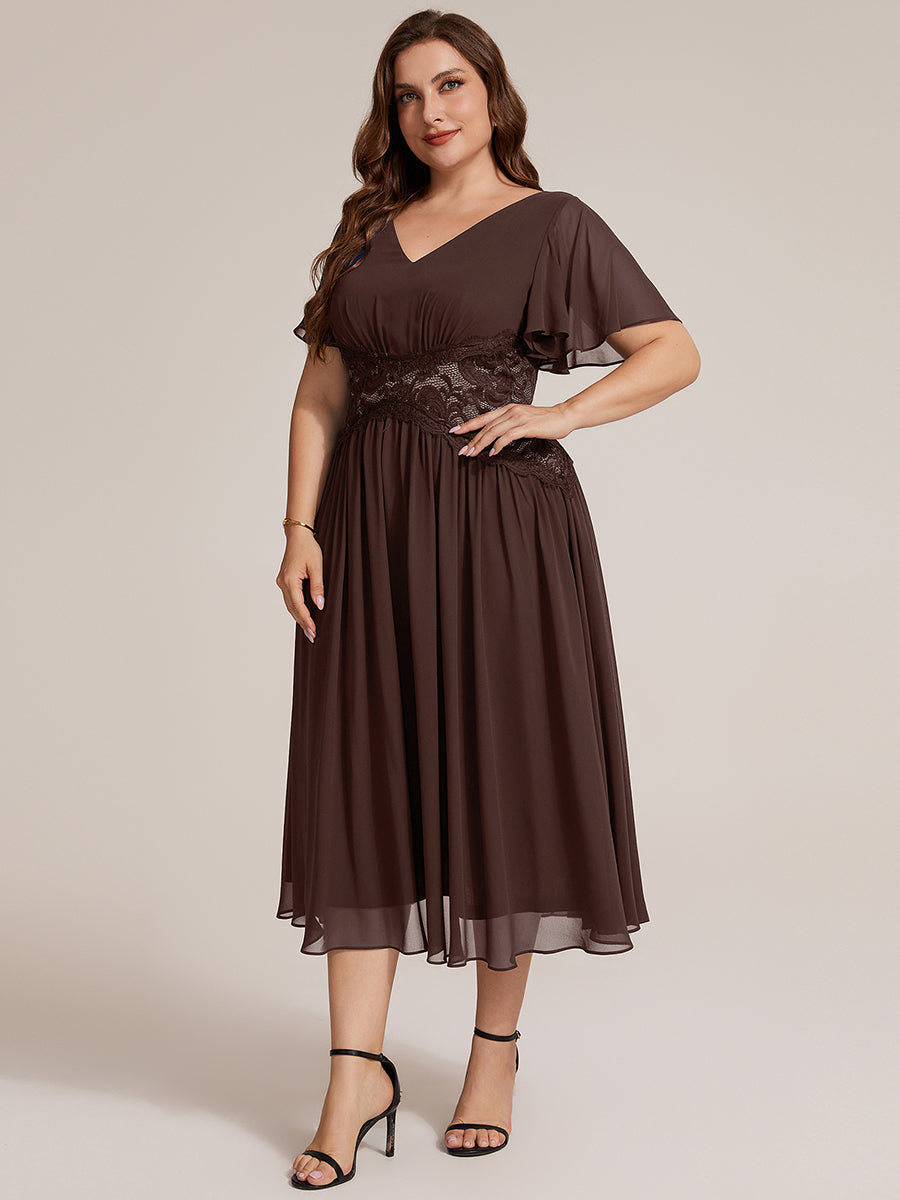 Color=Chocolate Brown | Volume Discounts Short Sleeve Ruffle Lace Trim V-Neck A-Line Midi Wedding Guest Dresses-Chocolate Brown 19