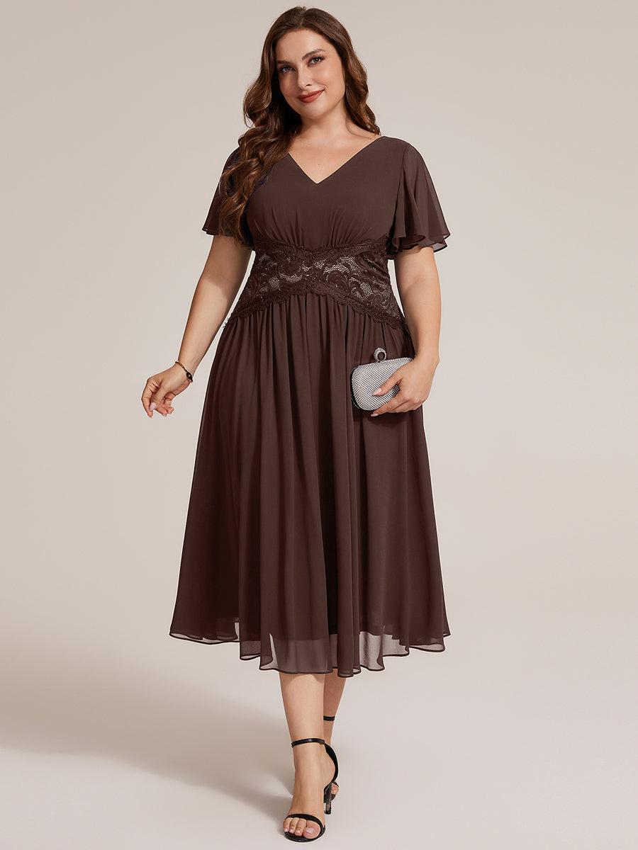 Color=Chocolate Brown | Volume Discounts Short Sleeve Ruffle Lace Trim V-Neck A-Line Midi Wedding Guest Dresses-Chocolate Brown 20