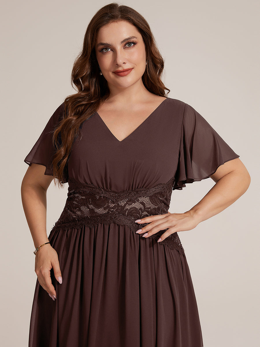 Color=Chocolate Brown | Volume Discounts Short Sleeve Ruffle Lace Trim V-Neck A-Line Midi Wedding Guest Dresses-Chocolate Brown 18