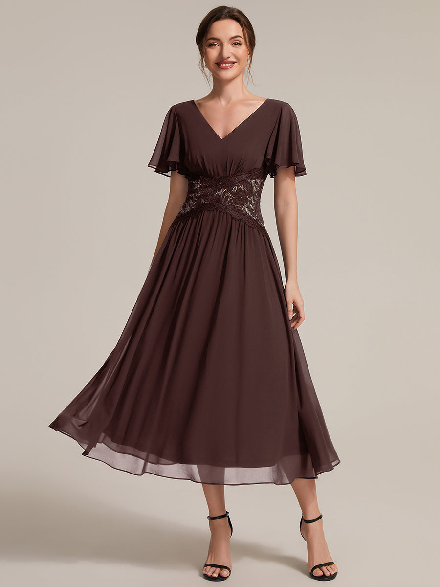 Color=Chocolate Brown | Volume Discounts Short Sleeve Ruffle Lace Trim V-Neck A-Line Midi Wedding Guest Dresses-Chocolate Brown 11