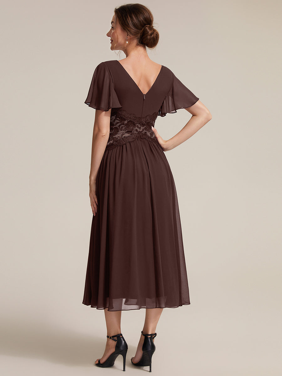 Color=Chocolate Brown | Volume Discounts Short Sleeve Ruffle Lace Trim V-Neck A-Line Midi Wedding Guest Dresses-Chocolate Brown 12