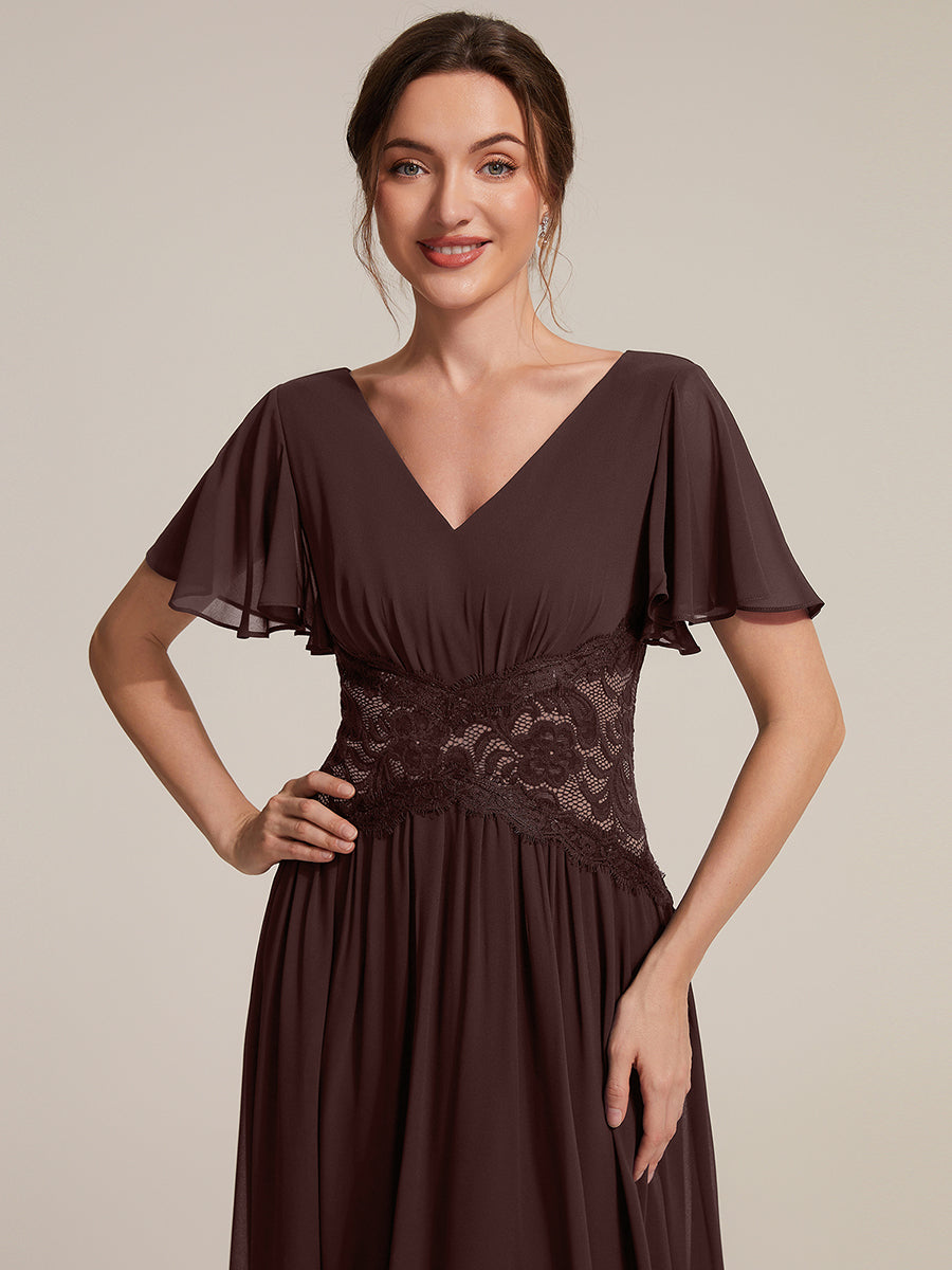 Color=Chocolate Brown | Volume Discounts Short Sleeve Ruffle Lace Trim V-Neck A-Line Midi Wedding Guest Dresses-Chocolate Brown 13