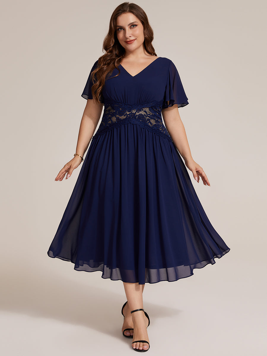 Color=Navy Blue | Volume Discounts Short Sleeve Ruffle Lace Trim V-Neck A-Line Midi Wedding Guest Dresses-Navy Blue 26