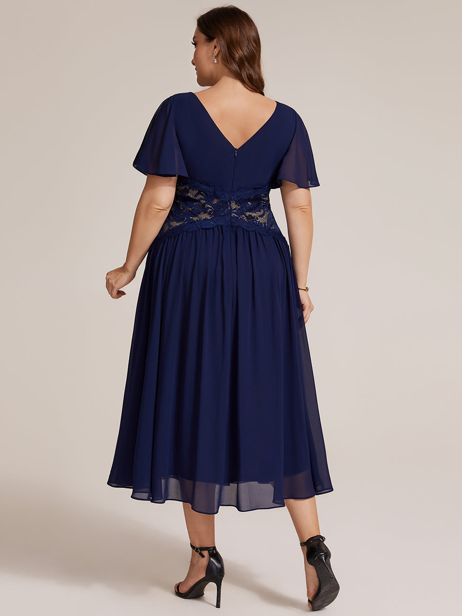 Color=Navy Blue | Volume Discounts Short Sleeve Ruffle Lace Trim V-Neck A-Line Midi Wedding Guest Dresses-Navy Blue 27