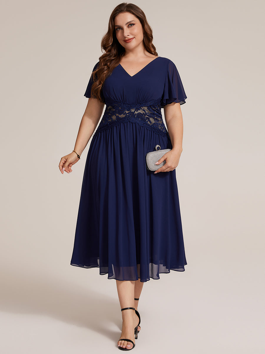 Color=Navy Blue | Volume Discounts Short Sleeve Ruffle Lace Trim V-Neck A-Line Midi Wedding Guest Dresses-Navy Blue 30