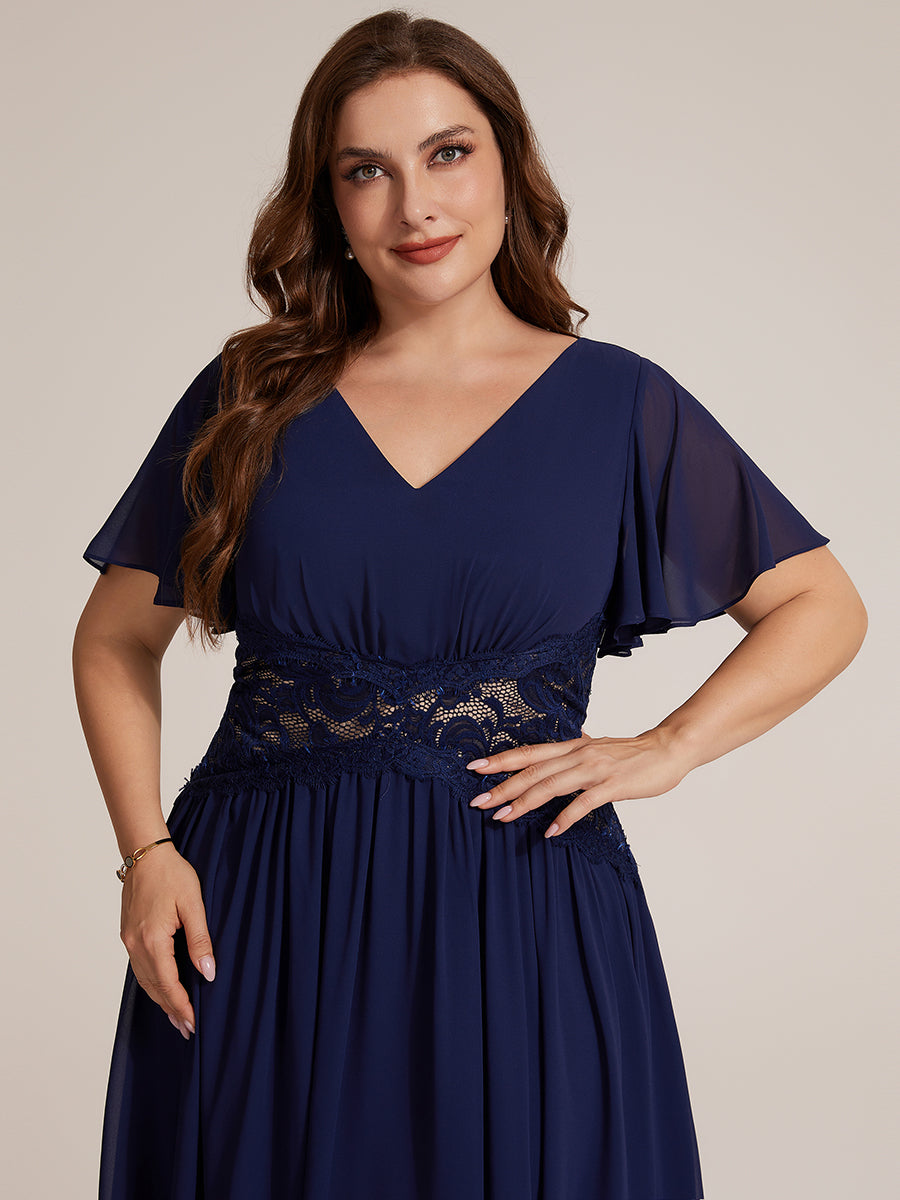 Color=Navy Blue | Volume Discounts Short Sleeve Ruffle Lace Trim V-Neck A-Line Midi Wedding Guest Dresses-Navy Blue 28