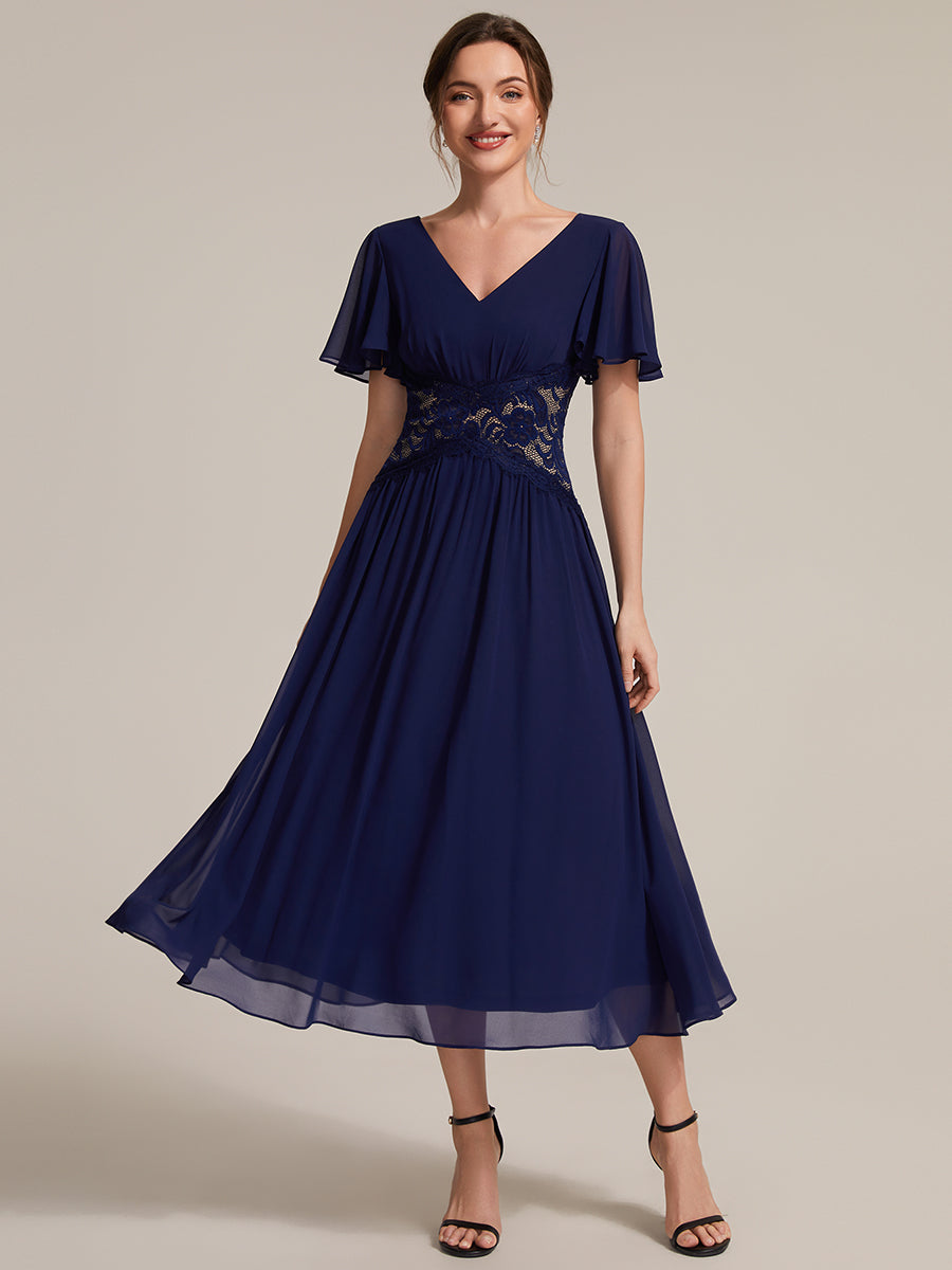 Color=Navy Blue | Volume Discounts Short Sleeve Ruffle Lace Trim V-Neck A-Line Midi Wedding Guest Dresses-Navy Blue 21