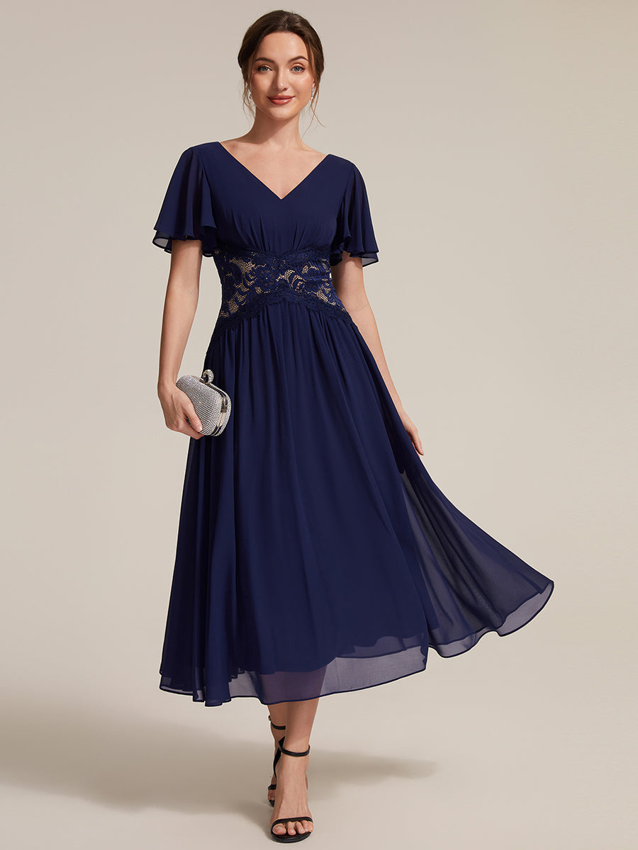 Color=Navy Blue | Volume Discounts Short Sleeve Ruffle Lace Trim V-Neck A-Line Midi Wedding Guest Dresses-Navy Blue 25