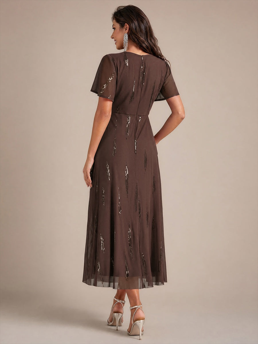 Color=Chocolate brown|Factory Design Short Sleeve Ruffle Sheath V-Neck High Stretch Wedding Guest Dresses-Chocolate brown 2