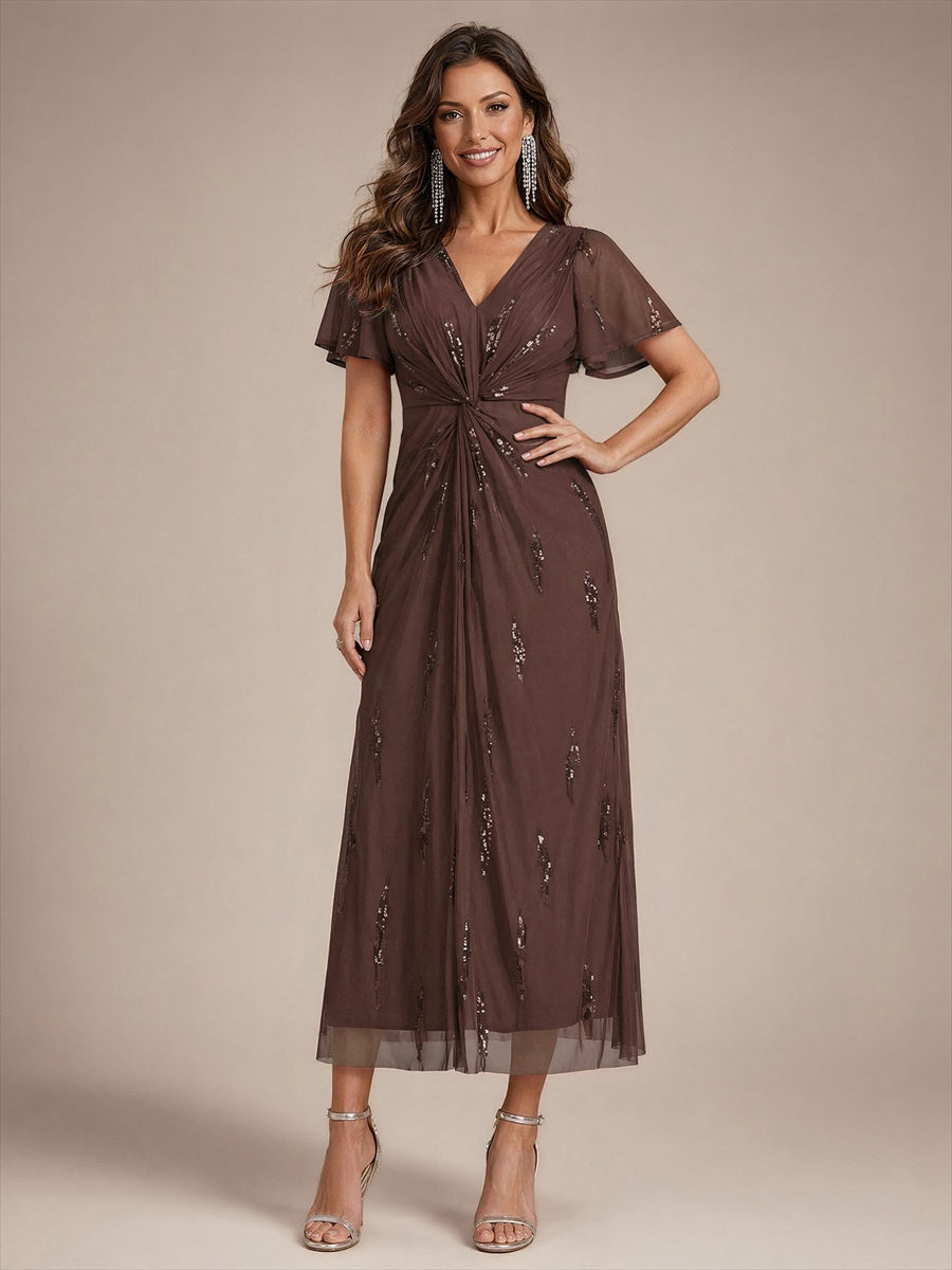 Color=Chocolate brown|Factory Design Short Sleeve Ruffle Sheath V-Neck High Stretch Wedding Guest Dresses-Chocolate brown 4