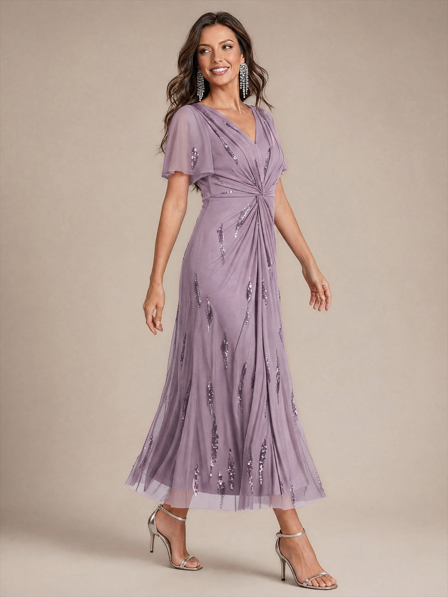 Color=Dusty mauve|Factory Design Short Sleeve Ruffle Sheath V-Neck High Stretch Wedding Guest Dresses-Dusty mauve 3