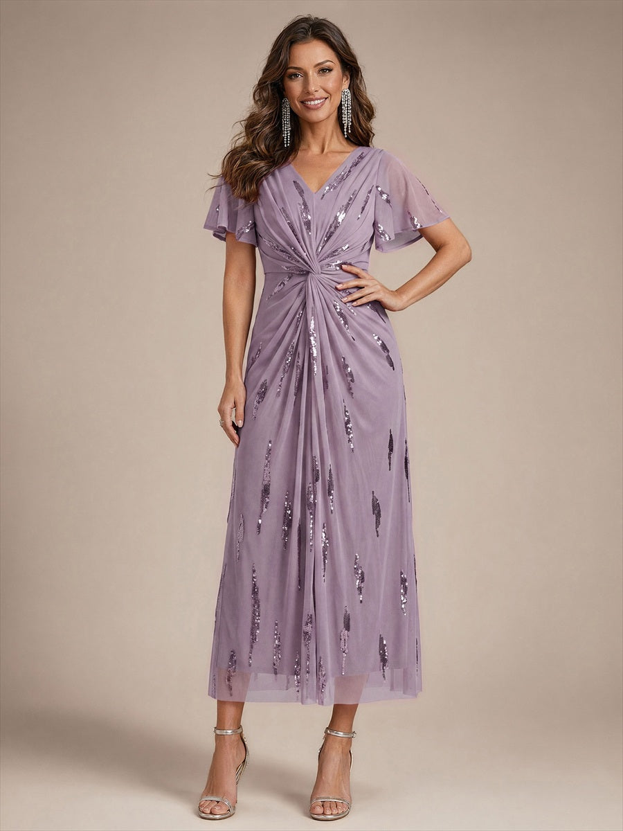 Color=Dusty mauve|Factory Design Short Sleeve Ruffle Sheath V-Neck High Stretch Wedding Guest Dresses-Dusty mauve 4
