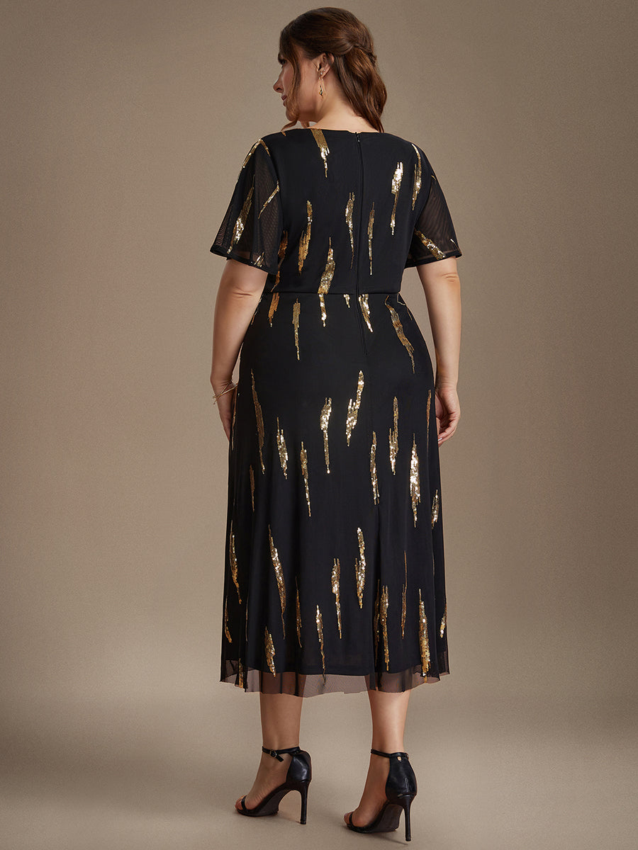 Color=Black Gold | Factory Design Short Sleeve Ruffle Sheath V-Neck High Stretch Wedding Guest Dresses-Black Gold 7