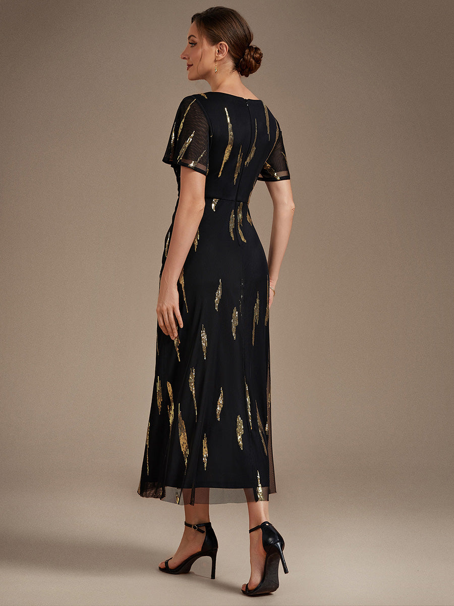 Color=Black Gold | Factory Design Short Sleeve Ruffle Sheath V-Neck High Stretch Wedding Guest Dresses-Black Gold 2