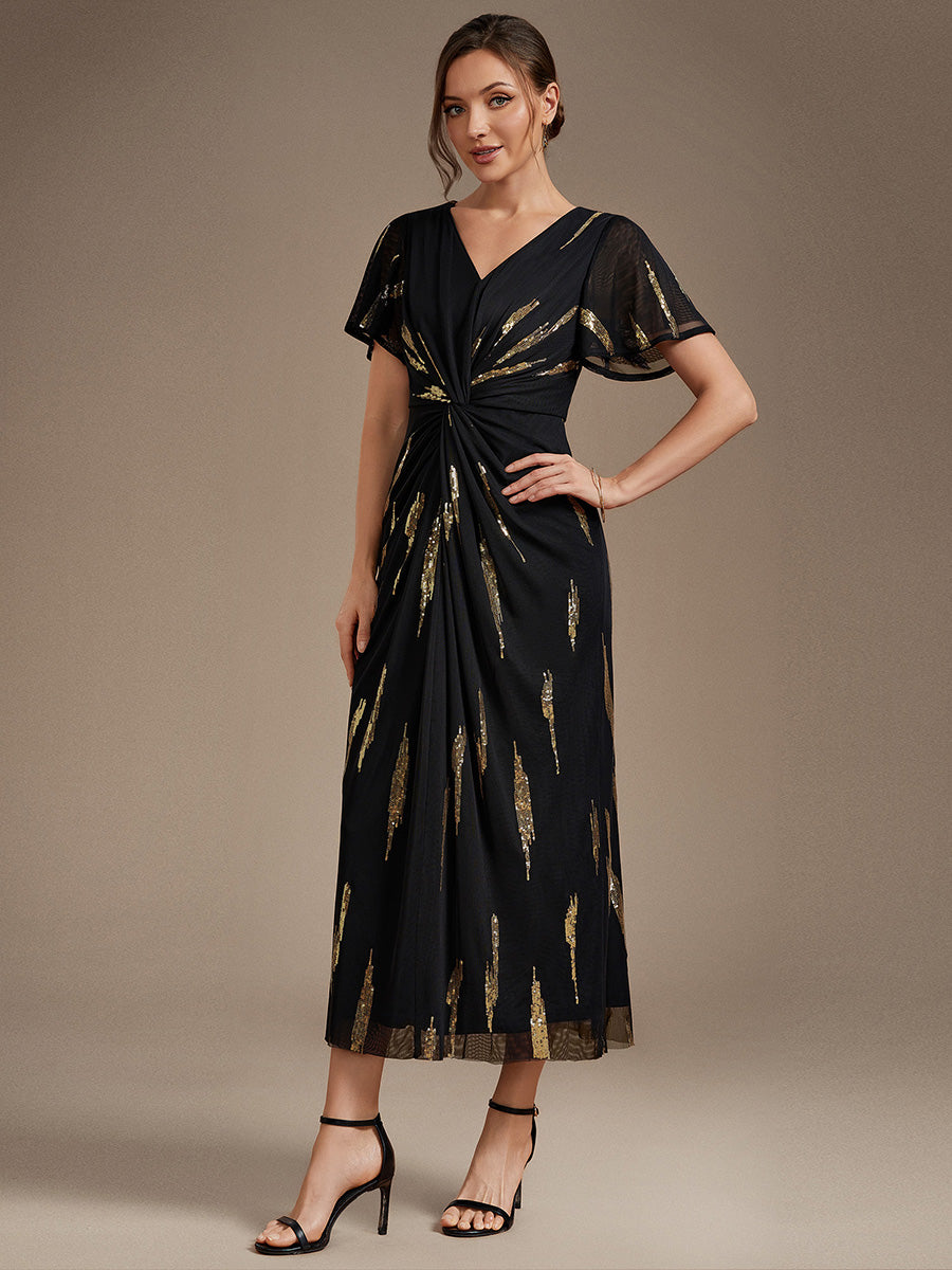 Color=Black Gold | Factory Design Short Sleeve Ruffle Sheath V-Neck High Stretch Wedding Guest Dresses-Black Gold 4