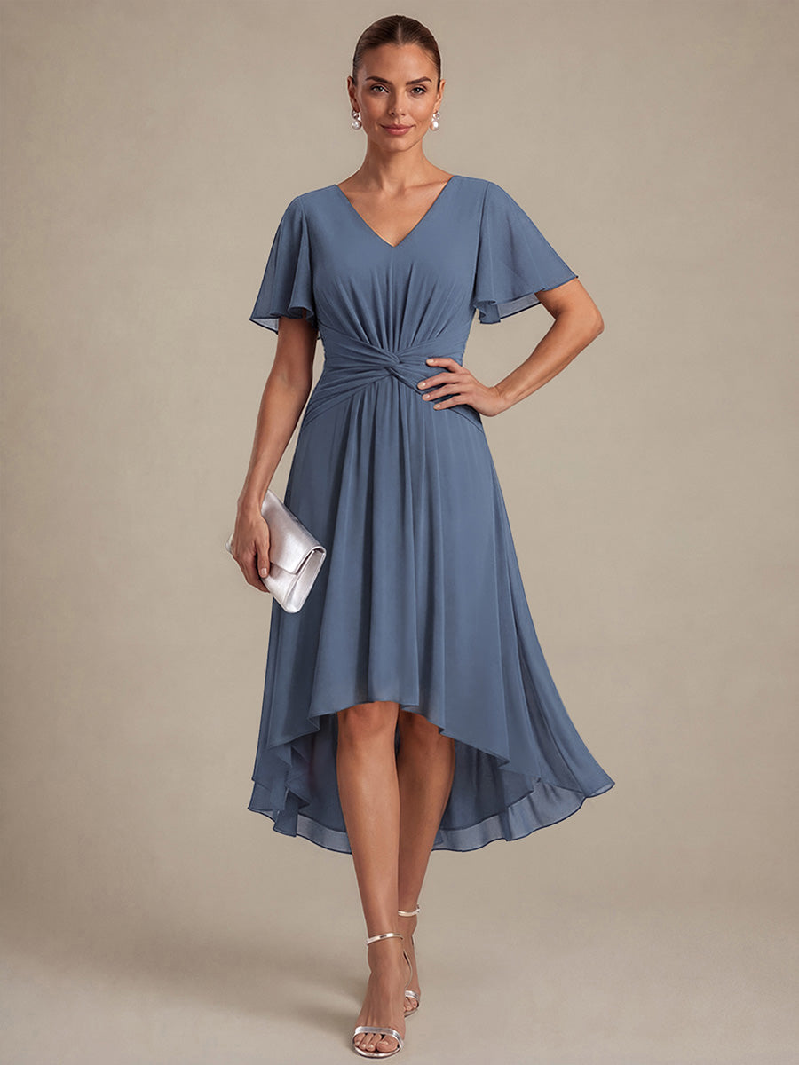 Color=Dusty Blue | Commercial Wholesale Short Sleeve Ruffle V-Neck A-Line High-Low Wedding Guest Dresses-Dusty Blue 5