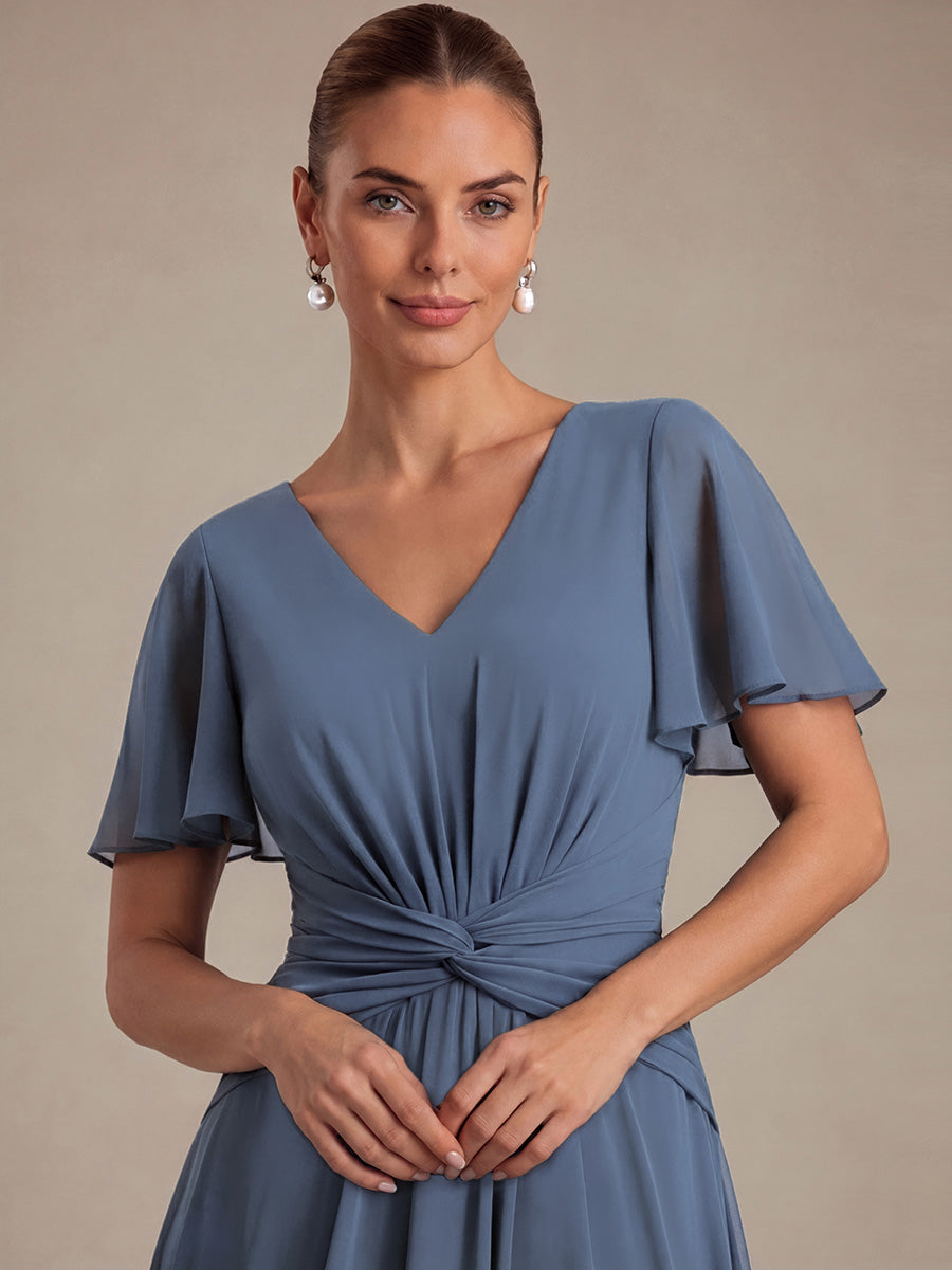 Color=Dusty Blue | Commercial Wholesale Short Sleeve Ruffle V-Neck A-Line High-Low Wedding Guest Dresses-Dusty Blue 3