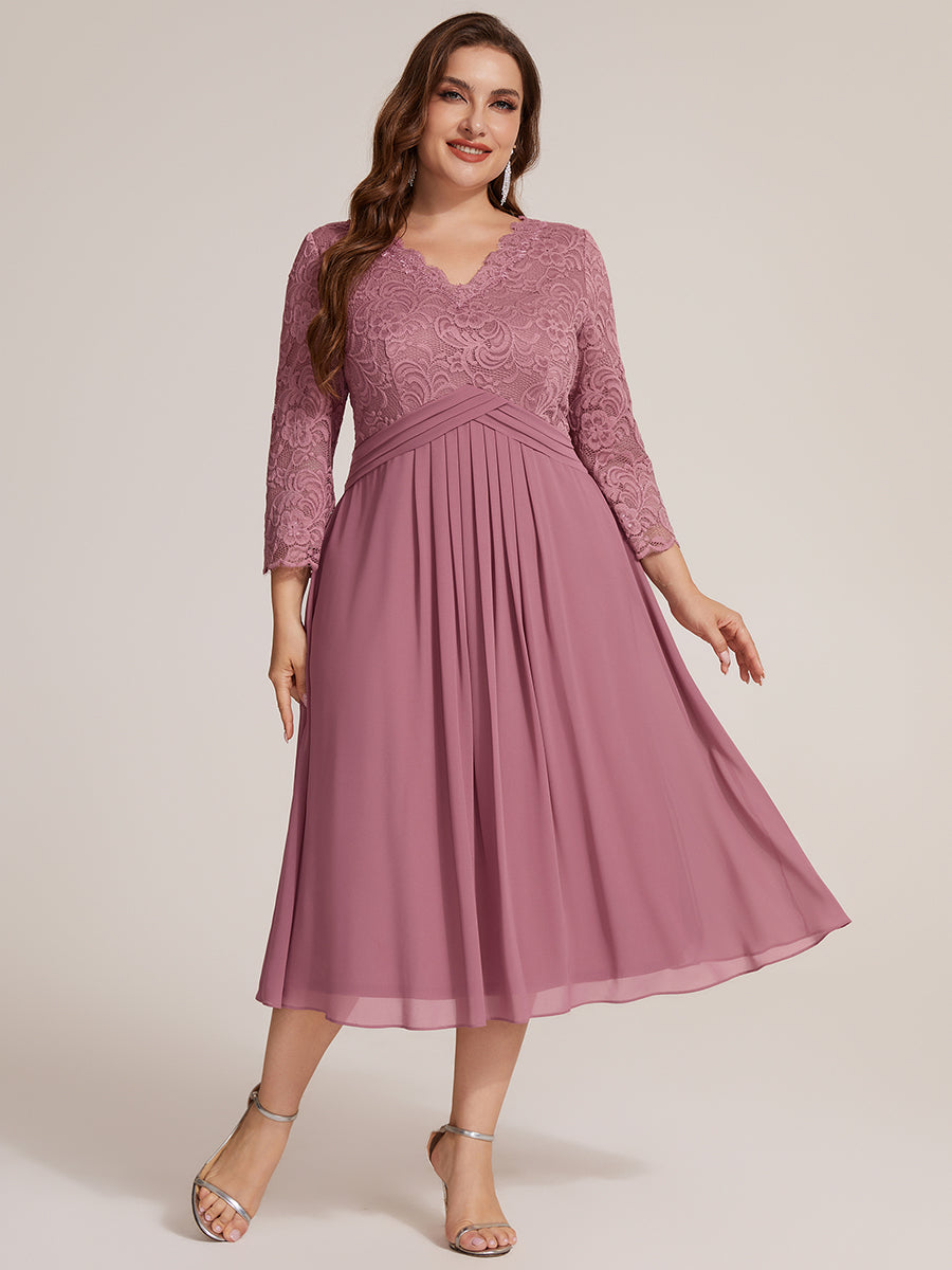 Color=Purple Orchid | One Stop Shop Three-Quarter Sleeve V-Neck Sheath Lace Trim Midi Wedding Guest Dresses-Purple Orchid 6