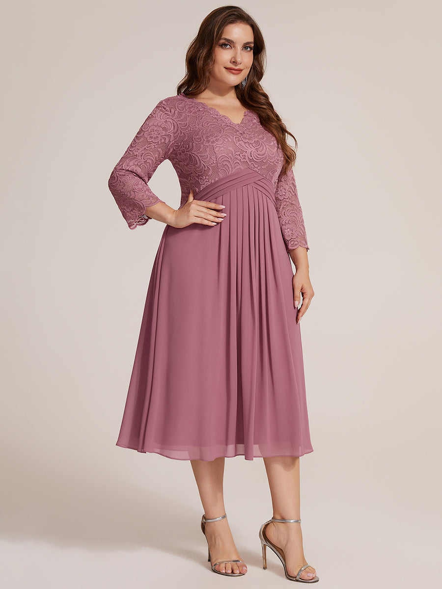 Color=Purple Orchid | One Stop Shop Three-Quarter Sleeve V-Neck Sheath Lace Trim Midi Wedding Guest Dresses-Purple Orchid 9